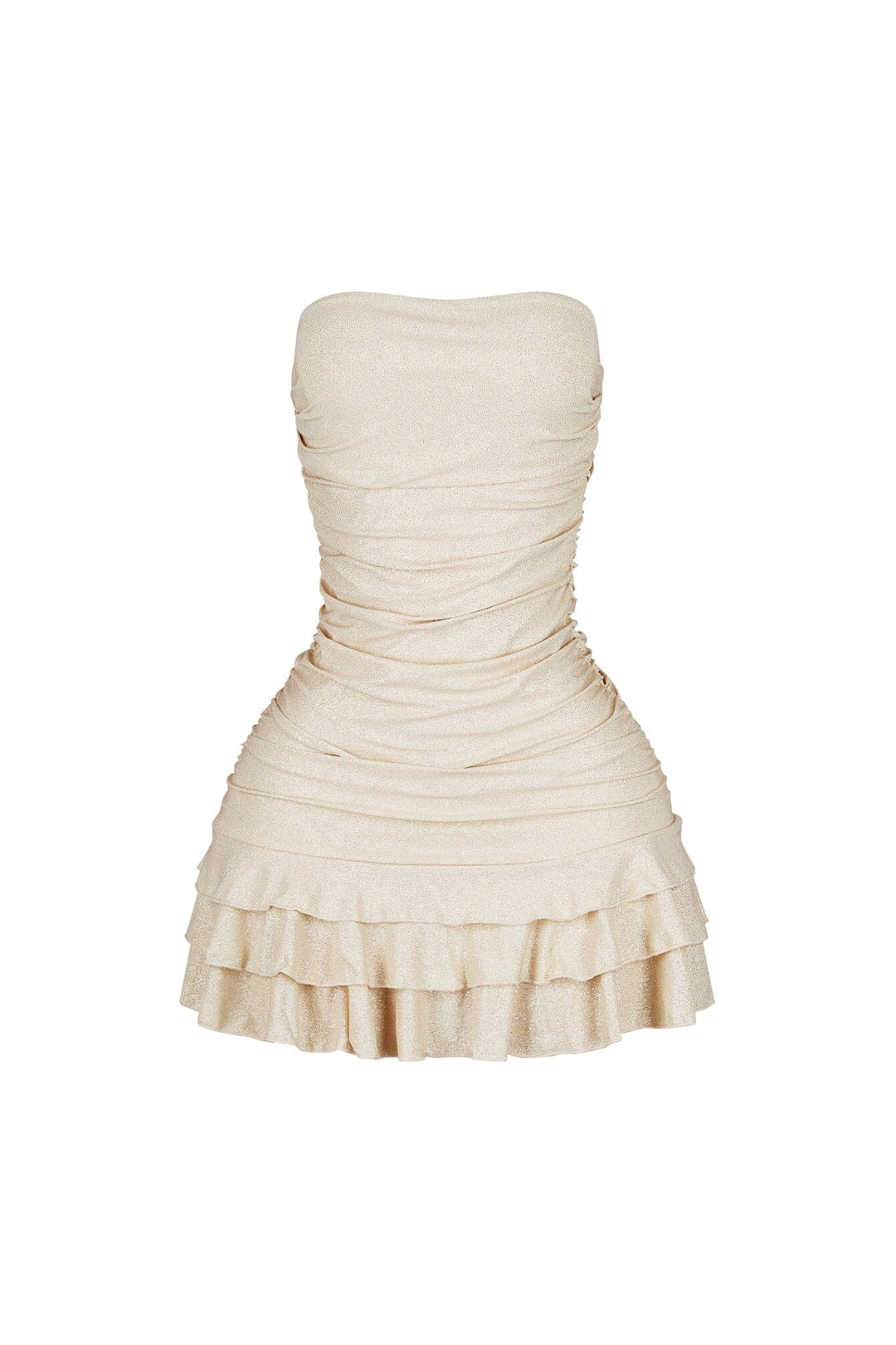 Strapless tube top mini dress featuring scattered rhinestone embellishments throughout
Horizontal ruched bodice with tiered ruffle hem detail