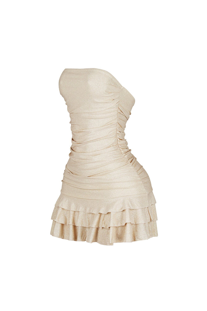 Strapless tube top mini dress featuring scattered rhinestone embellishments throughout
Horizontal ruched bodice with tiered ruffle hem detail