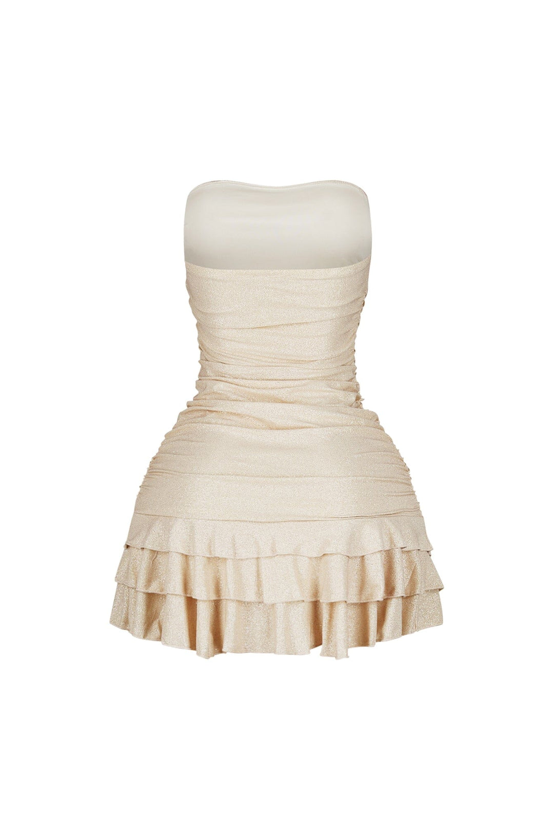 Strapless tube top mini dress featuring scattered rhinestone embellishments throughout
Horizontal ruched bodice with tiered ruffle hem detail