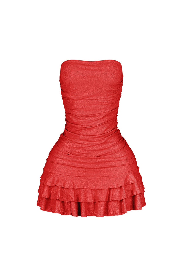 Strapless tube top mini dress featuring scattered rhinestone embellishments throughout
Horizontal ruched bodice with tiered ruffle hem detail