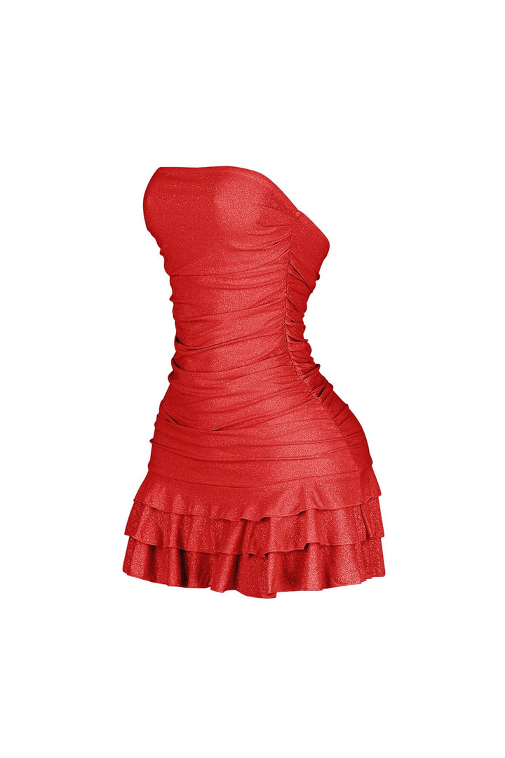Strapless tube top mini dress featuring scattered rhinestone embellishments throughout
Horizontal ruched bodice with tiered ruffle hem detail