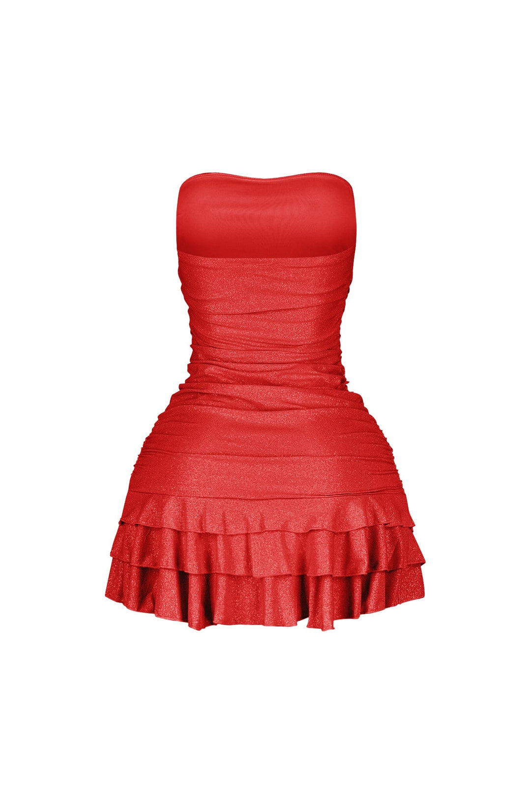 Strapless tube top mini dress featuring scattered rhinestone embellishments throughout
Horizontal ruched bodice with tiered ruffle hem detail