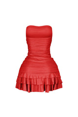 Strapless tube top mini dress featuring scattered rhinestone embellishments throughout
Horizontal ruched bodice with tiered ruffle hem detail