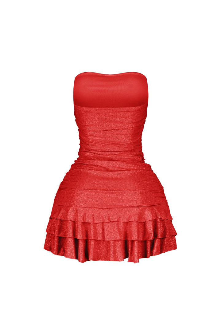 Strapless tube top mini dress featuring scattered rhinestone embellishments throughout
Horizontal ruched bodice with tiered ruffle hem detail
