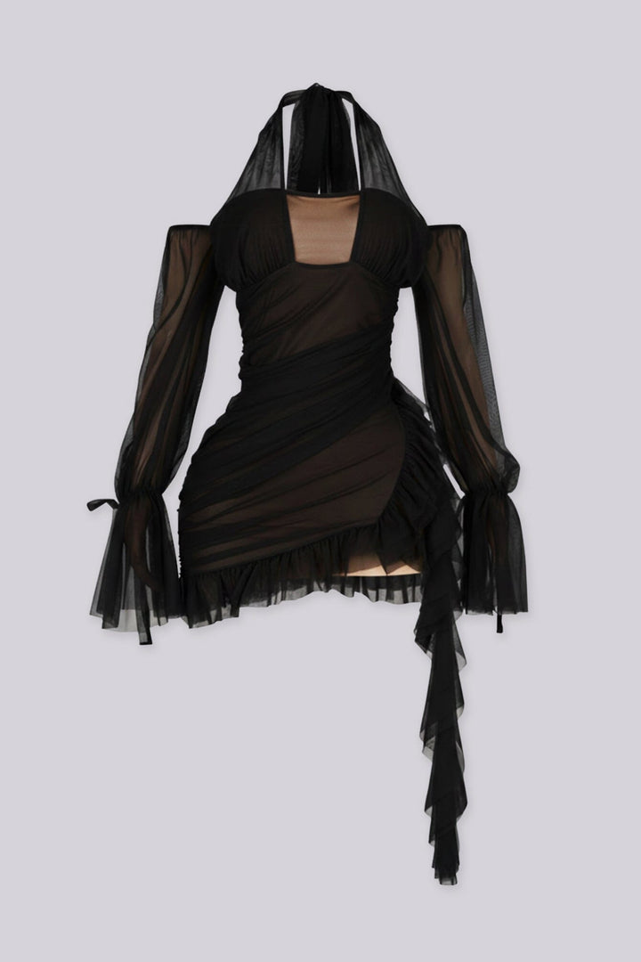 Ruched bodycon mini dress with a ruffled hem, lace trim detail, and nude tone lining
Mesh halter neckline with off shoulder long sleeves