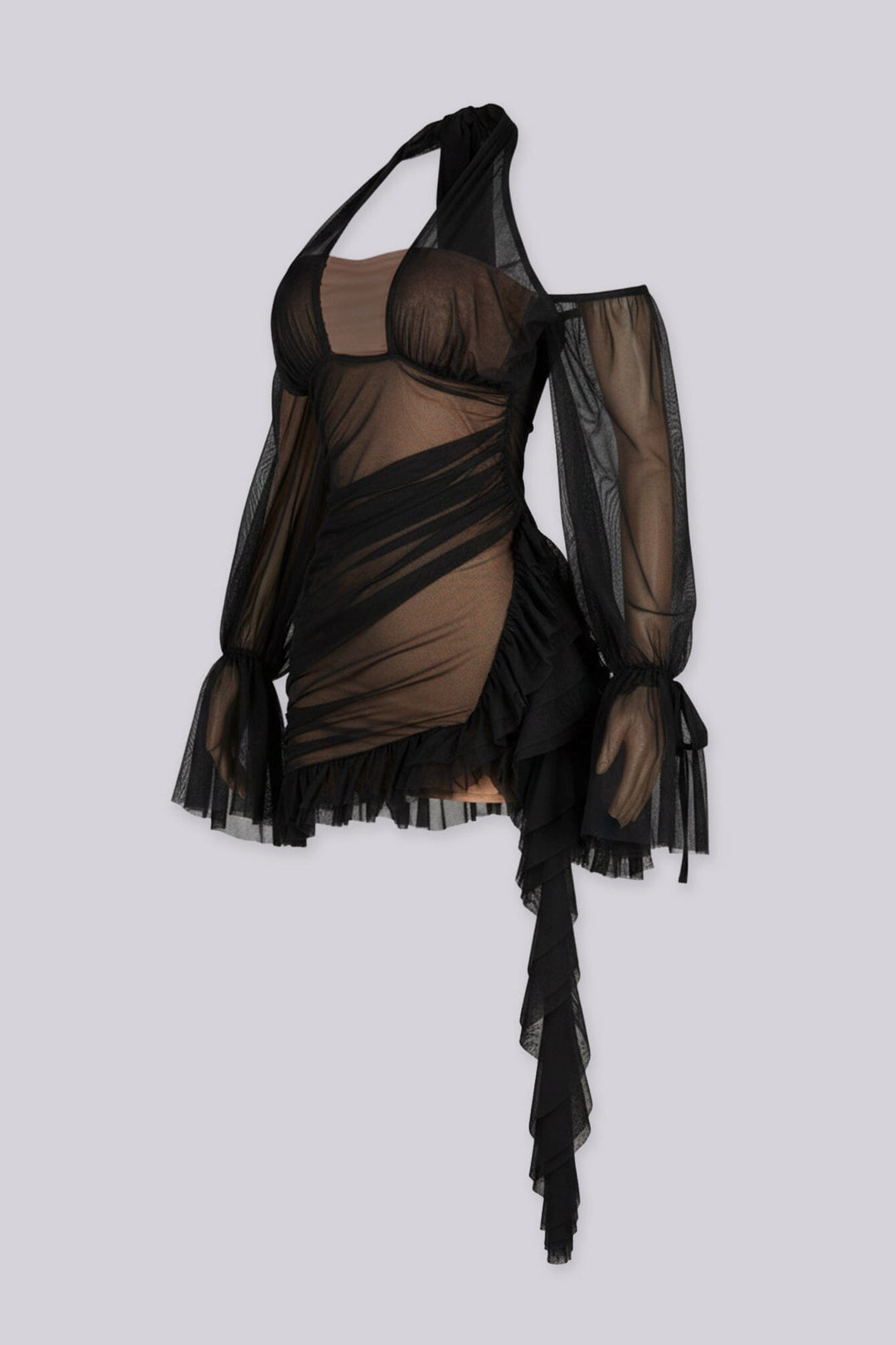 Ruched bodycon mini dress with a ruffled hem, lace trim detail, and nude tone lining
Mesh halter neckline with off shoulder long sleeves