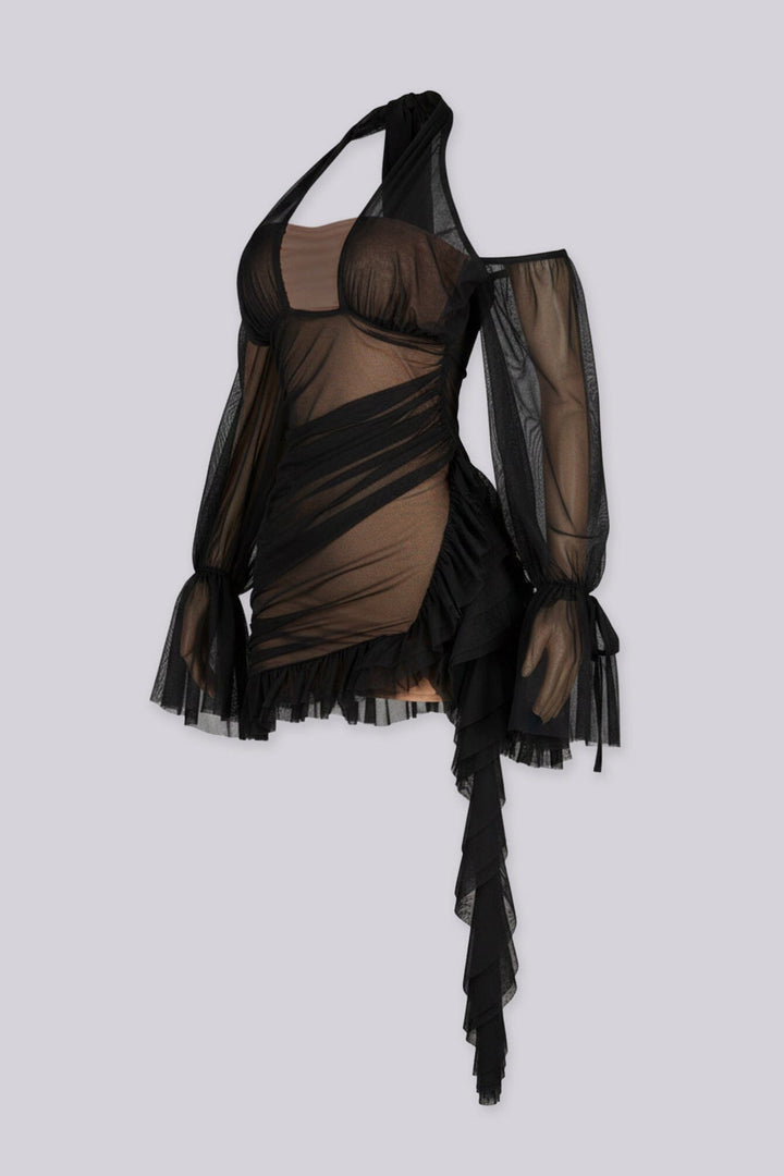 Ruched bodycon mini dress with a ruffled hem, lace trim detail, and nude tone lining
Mesh halter neckline with off shoulder long sleeves