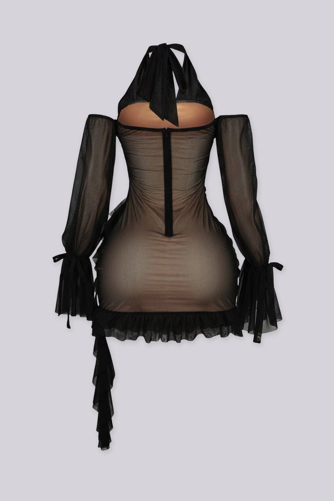 Ruched bodycon mini dress with a ruffled hem, lace trim detail, and nude tone lining
Mesh halter neckline with off shoulder long sleeves
