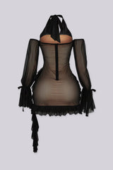 Ruched bodycon mini dress with a ruffled hem, lace trim detail, and nude tone lining
Mesh halter neckline with off shoulder long sleeves