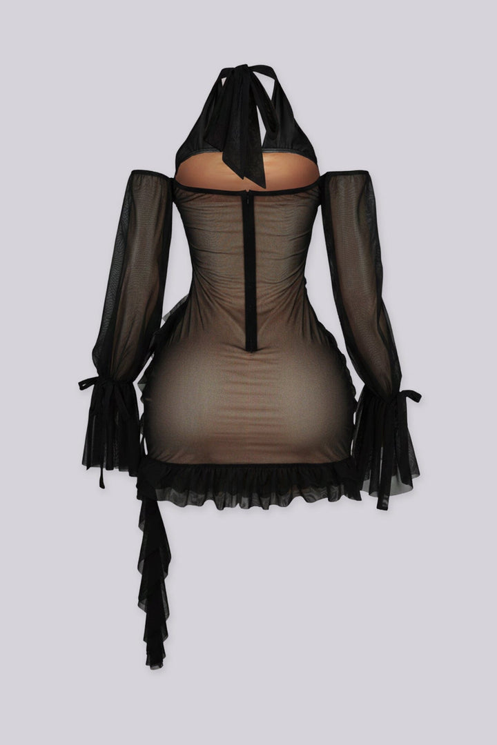 Ruched bodycon mini dress with a ruffled hem, lace trim detail, and nude tone lining
Mesh halter neckline with off shoulder long sleeves