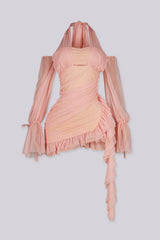 Ruched bodycon mini dress with a ruffled hem, lace trim detail, and nude tone lining
Mesh halter neckline with off shoulder long sleeves