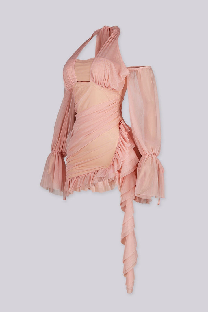 Ruched bodycon mini dress with a ruffled hem, lace trim detail, and nude tone lining
Mesh halter neckline with off shoulder long sleeves