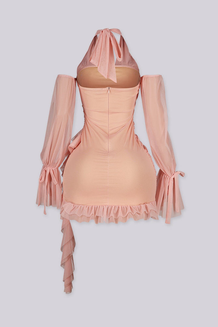 Ruched bodycon mini dress with a ruffled hem, lace trim detail, and nude tone lining
Mesh halter neckline with off shoulder long sleeves