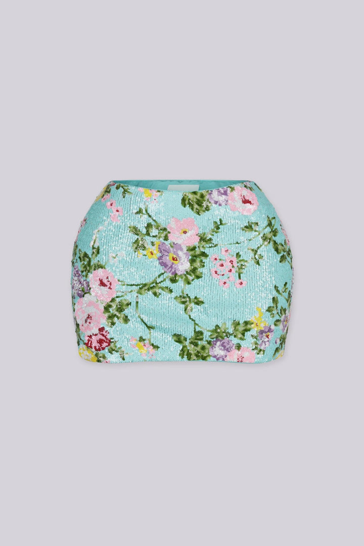 Floral shimmering sequin embellishments for a retro feminine touch mini skirt