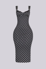 EDGE — black polka dot bodycon midi dress, front view flat lay