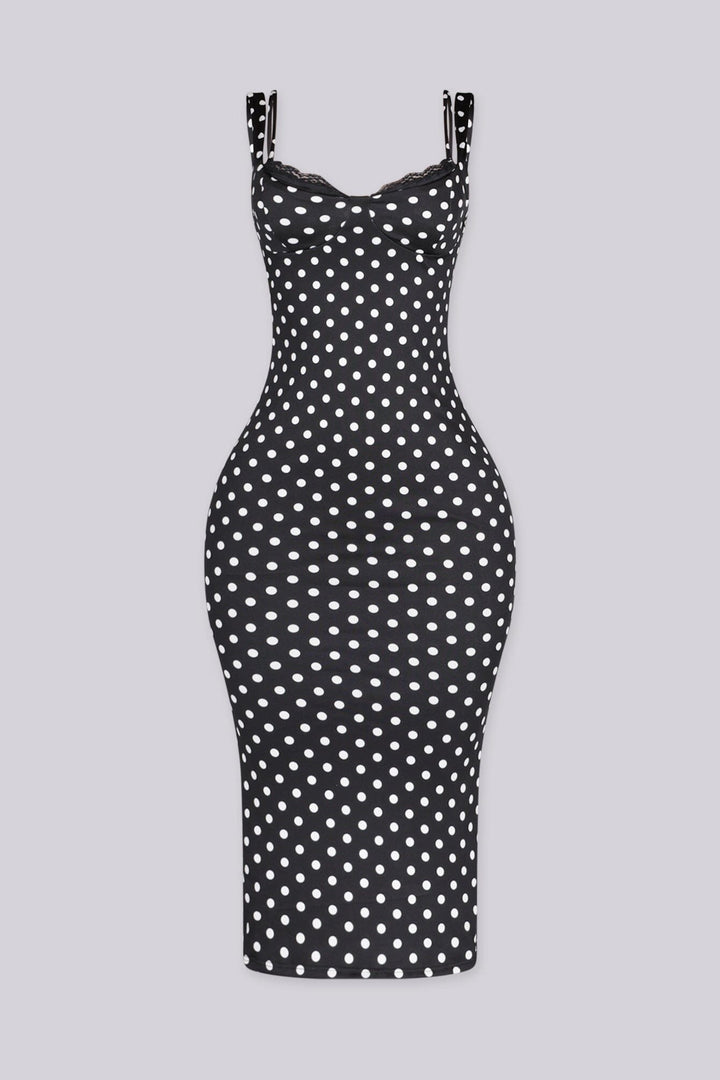 EDGE — black polka dot bodycon midi dress, front view flat lay