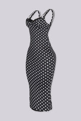 EDGE — black polka dot bodycon midi dress, side view flat lay