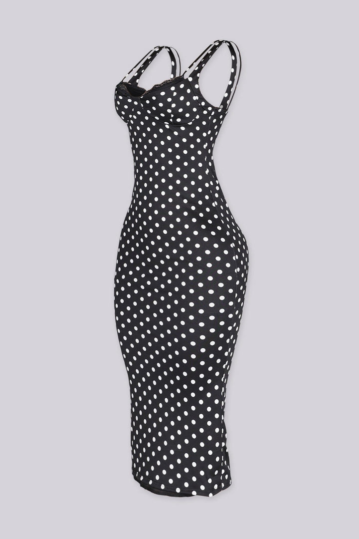 EDGE — black polka dot bodycon midi dress, side view flat lay