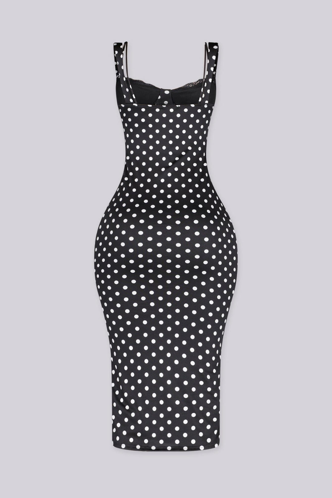 EDGE — black polka dot bodycon midi dress, back view flat lay