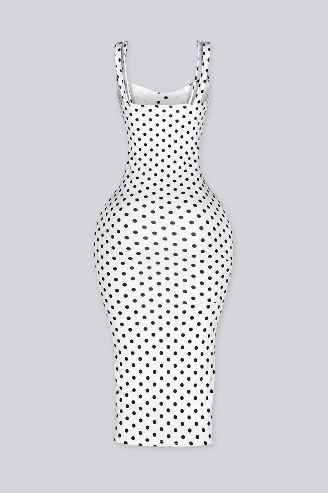 EDGE — white polka dot bodycon midi dress, back view flat lay