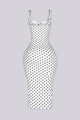 EDGE — white polka dot bodycon midi dress, back view flat lay