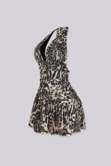 EDGEBYKS - Tie closure halter neckline mini dress with plunging V front detail, side view