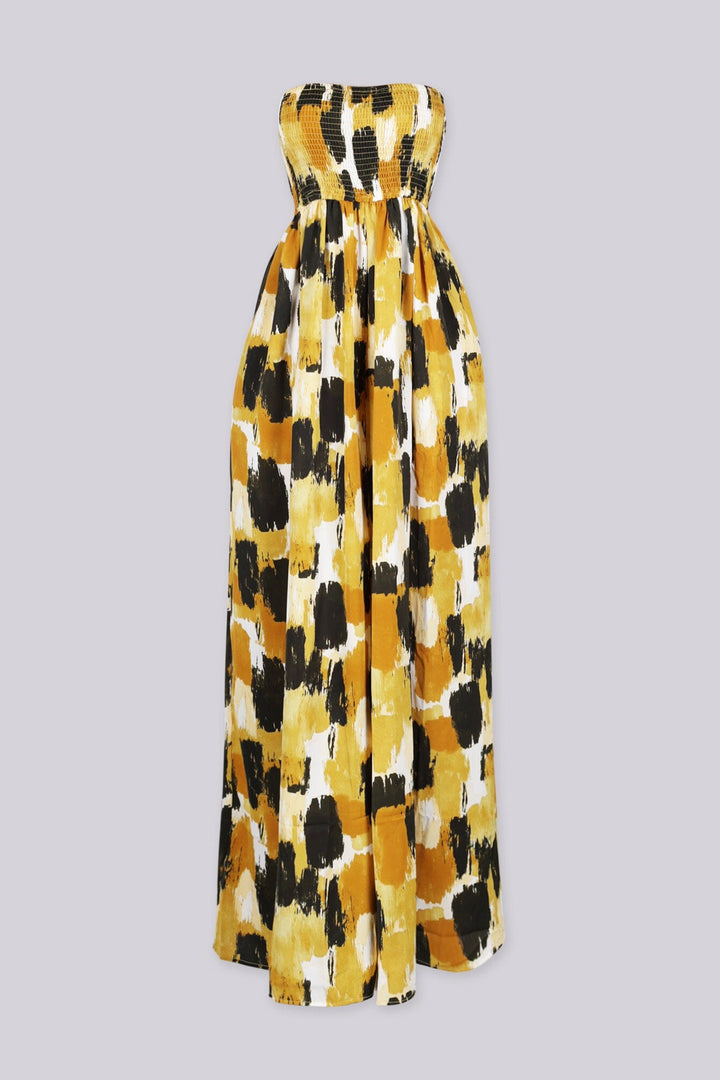 EDGEBYKS — mustard abstract print smocked tube top jumpsuit, front view flat lay