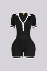 Ribbed knit slim fit short sleeve romper with contrast polo collar featuring cuffs and hem stripe detailing