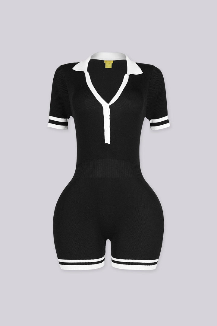 Ribbed knit slim fit short sleeve romper with contrast polo collar featuring cuffs and hem stripe detailing