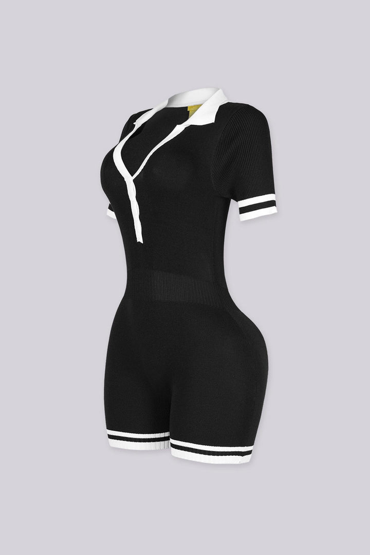 Ribbed knit slim fit short sleeve romper with contrast polo collar featuring cuffs and hem stripe detailing