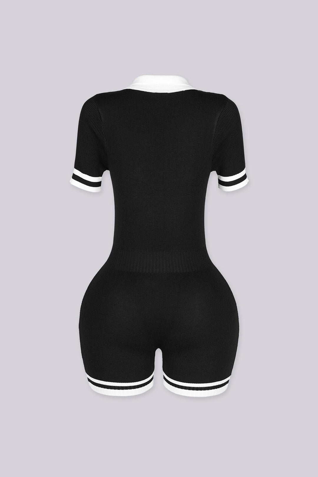 Ribbed knit slim fit short sleeve romper with contrast polo collar featuring cuffs and hem stripe detailing