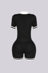 Ribbed knit slim fit short sleeve romper with contrast polo collar featuring cuffs and hem stripe detailing