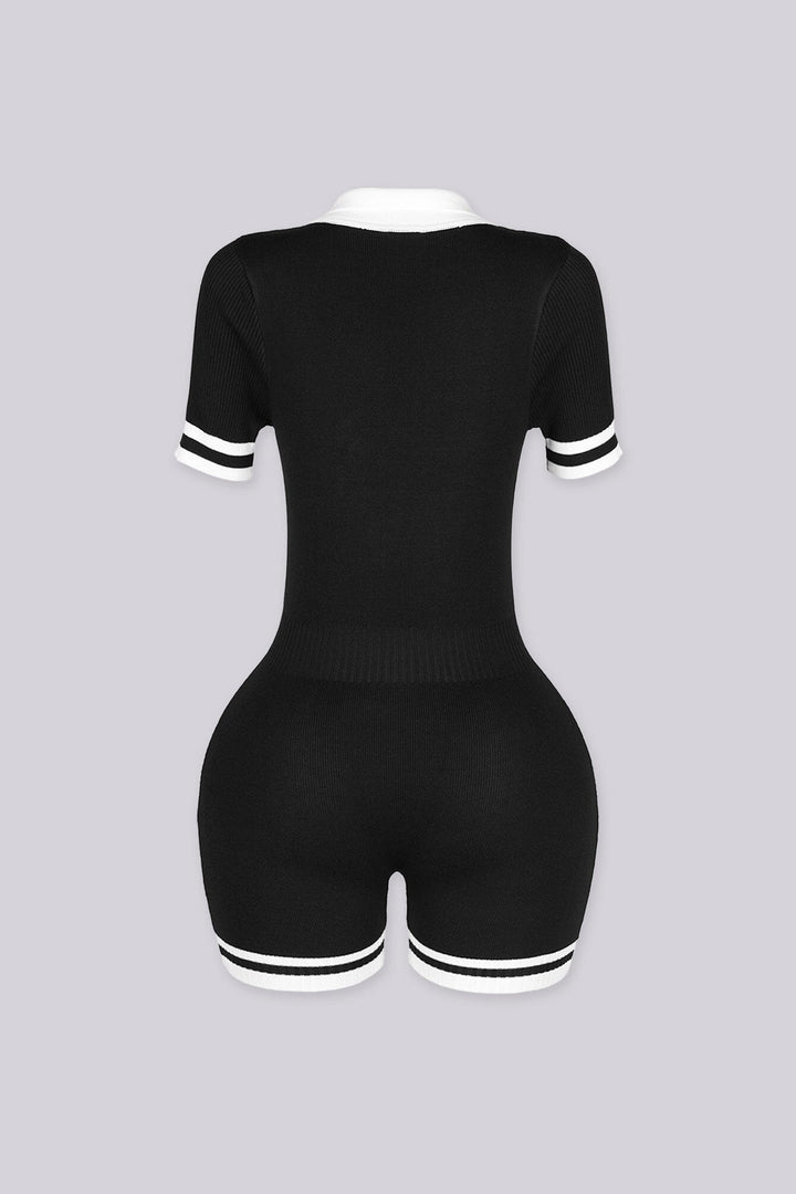 Ribbed knit slim fit short sleeve romper with contrast polo collar featuring cuffs and hem stripe detailing