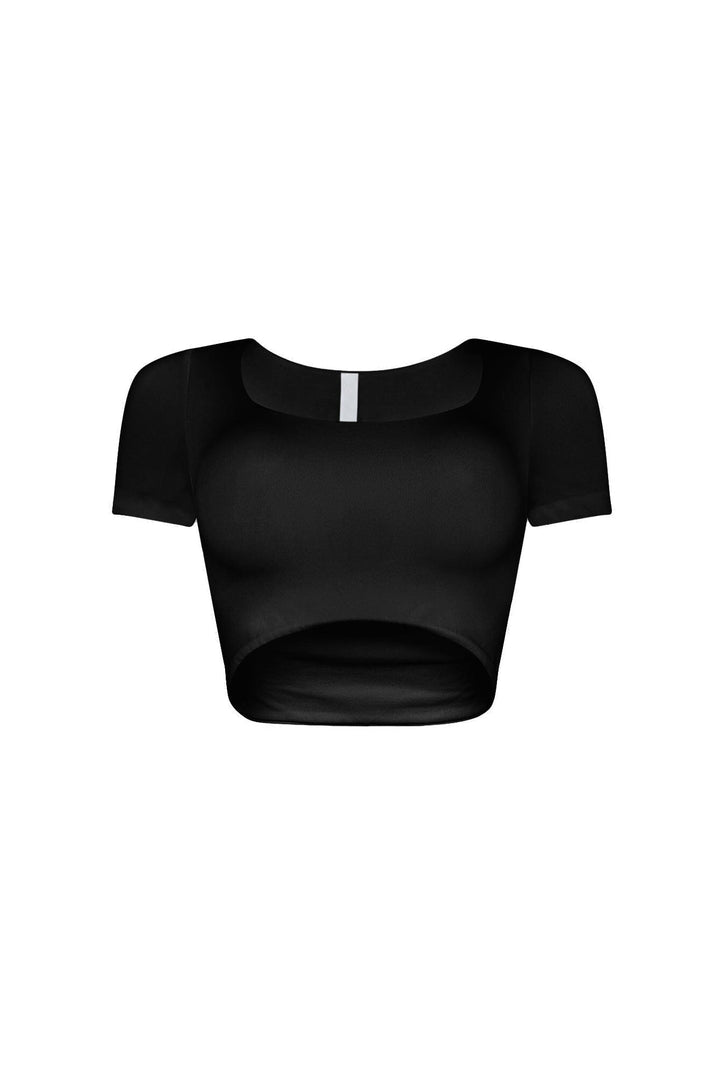 Short sleeves double layered cropped top featuring wide scoop neck
