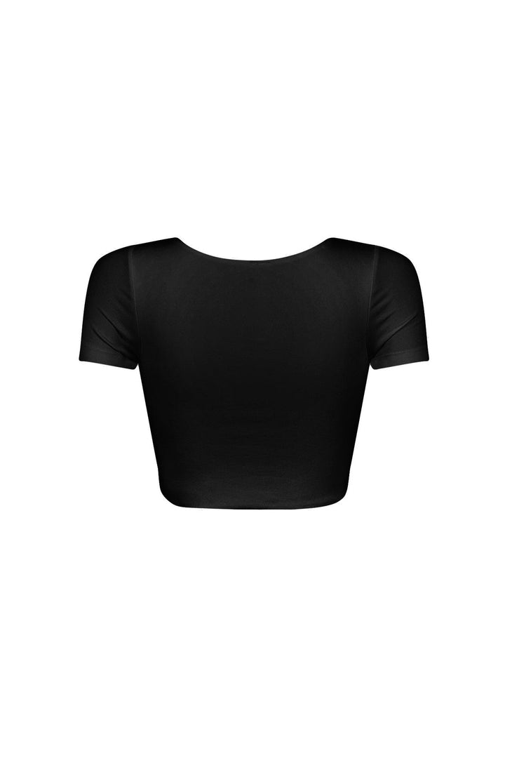 Short sleeves double layered cropped top featuring wide scoop neck