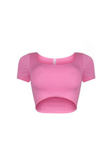 Short sleeves double layered cropped top featuring wide scoop neck