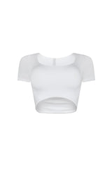 Short sleeves double layered cropped top featuring wide scoop neck