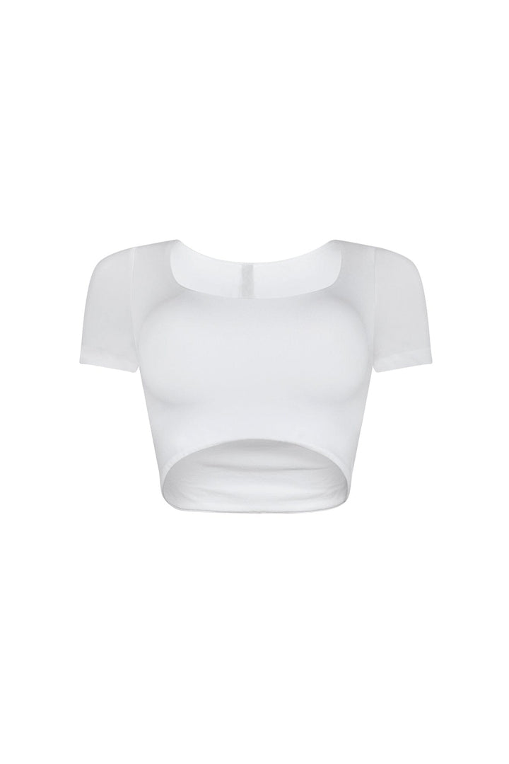 Short sleeves double layered cropped top featuring wide scoop neck