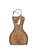 Asymmetrical neckline bodycon mini dress with single shoulder strap featuring teardrop keyhole and side cutouts
Sheer nude tone mesh overlay with crystal rhinestone embellishments details