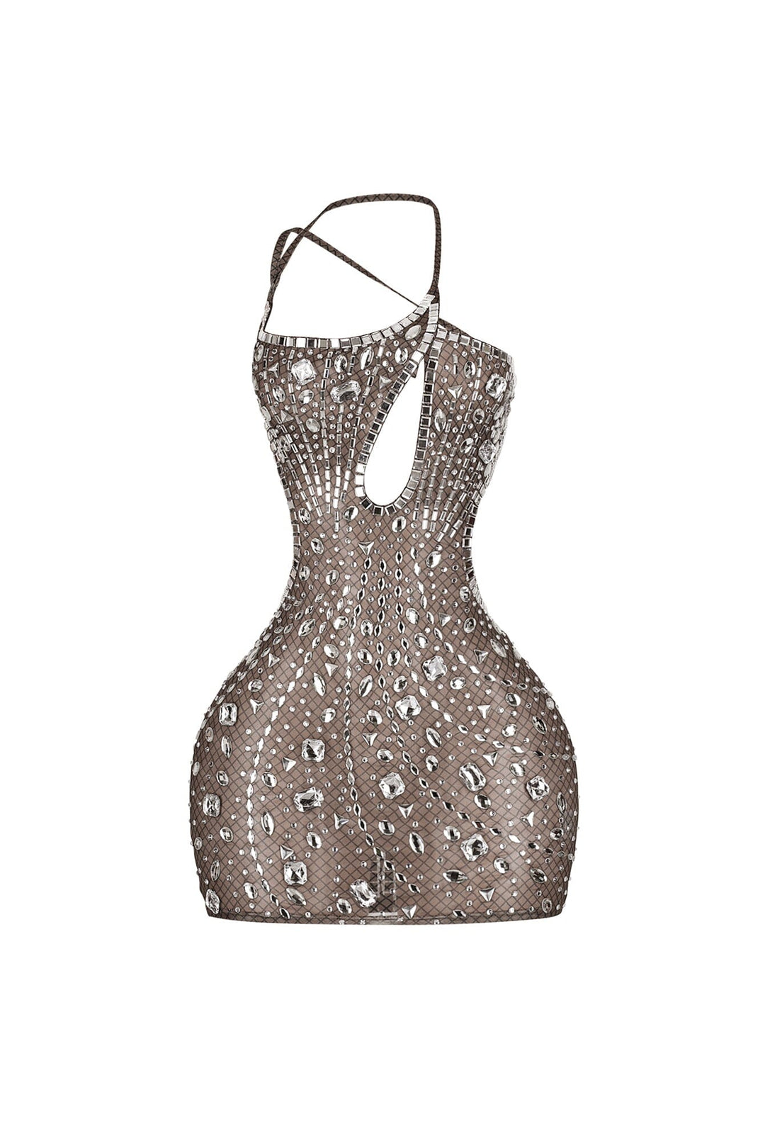 Asymmetrical neckline bodycon mini dress with single shoulder strap featuring teardrop keyhole and side cutouts
Sheer nude tone mesh overlay with crystal rhinestone embellishments details