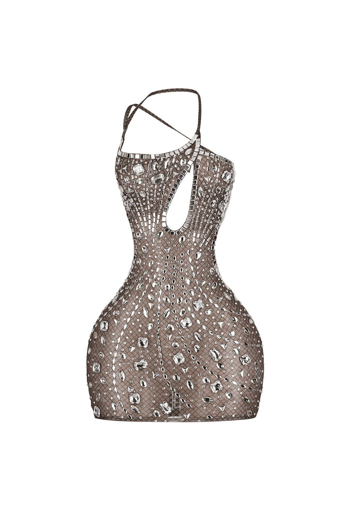Asymmetrical neckline bodycon mini dress with single shoulder strap featuring teardrop keyhole and side cutouts
Sheer nude tone mesh overlay with crystal rhinestone embellishments details
