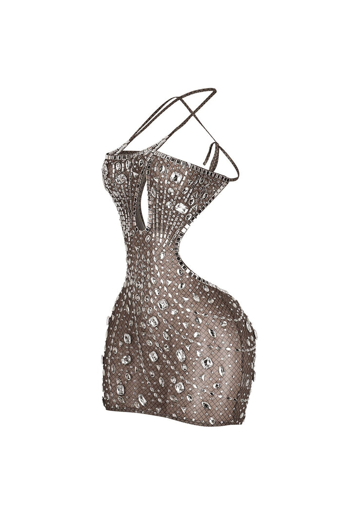 Asymmetrical neckline bodycon mini dress with single shoulder strap featuring teardrop keyhole and side cutouts
Sheer nude tone mesh overlay with crystal rhinestone embellishments details