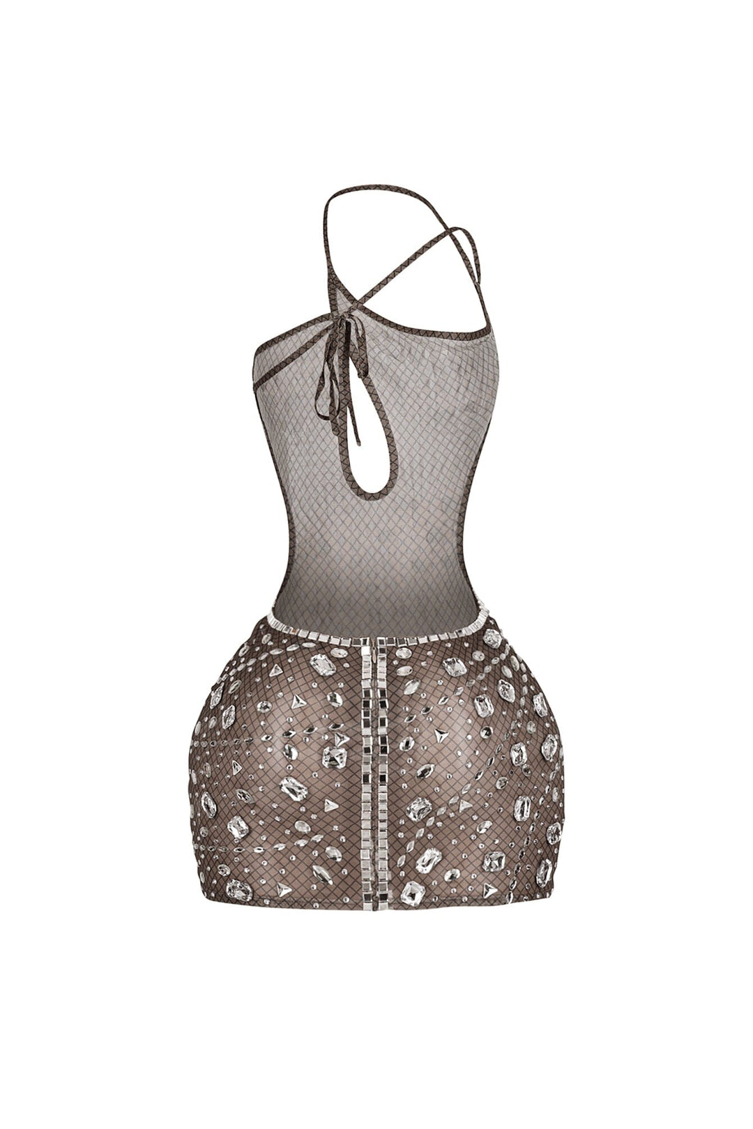 Asymmetrical neckline bodycon mini dress with single shoulder strap featuring teardrop keyhole and side cutouts
Sheer nude tone mesh overlay with crystal rhinestone embellishments details