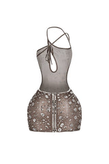 Asymmetrical neckline bodycon mini dress with single shoulder strap featuring teardrop keyhole and side cutouts
Sheer nude tone mesh overlay with crystal rhinestone embellishments details