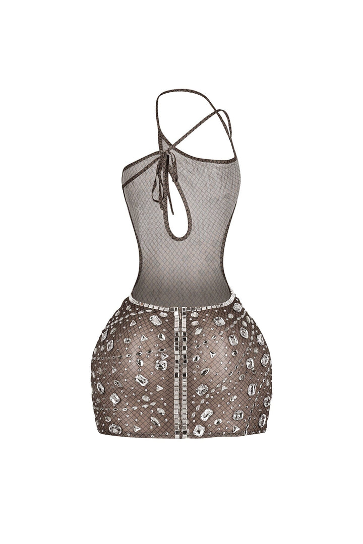 Asymmetrical neckline bodycon mini dress with single shoulder strap featuring teardrop keyhole and side cutouts
Sheer nude tone mesh overlay with crystal rhinestone embellishments details