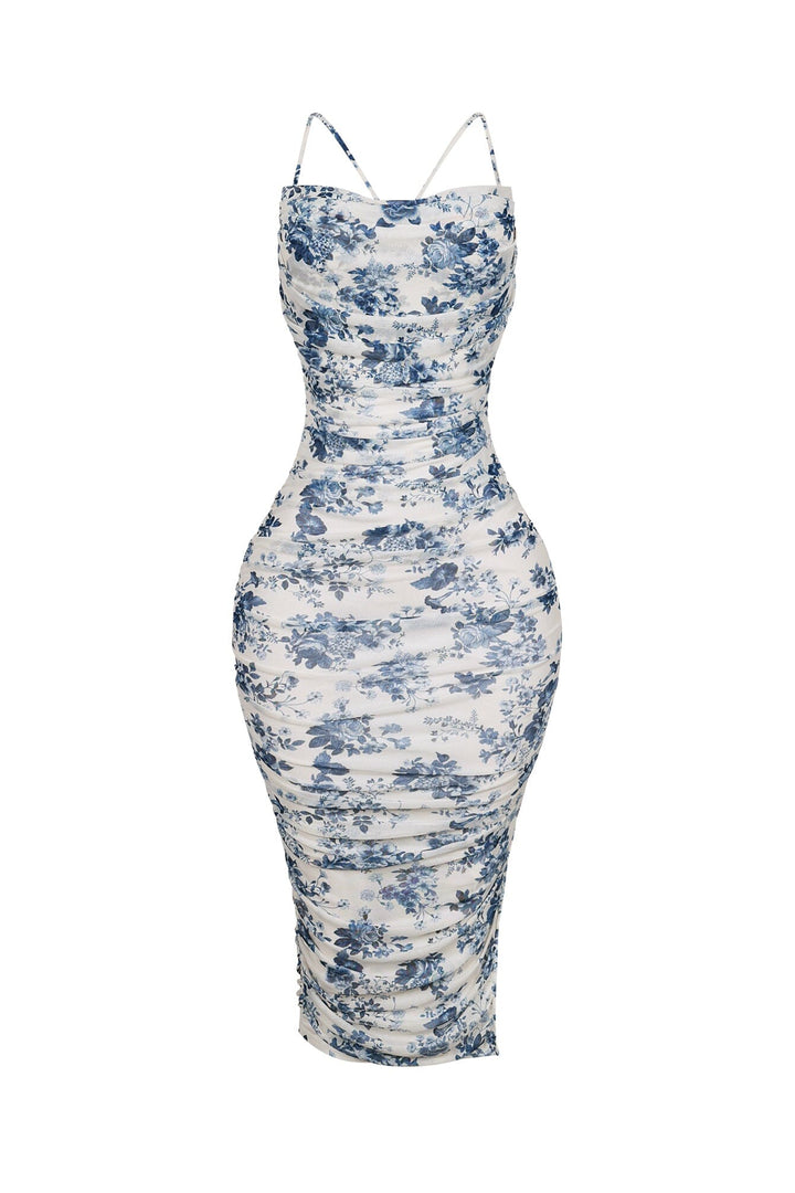 EDGE — ivory and blue floral mesh ruched tank dress, front view flat lay