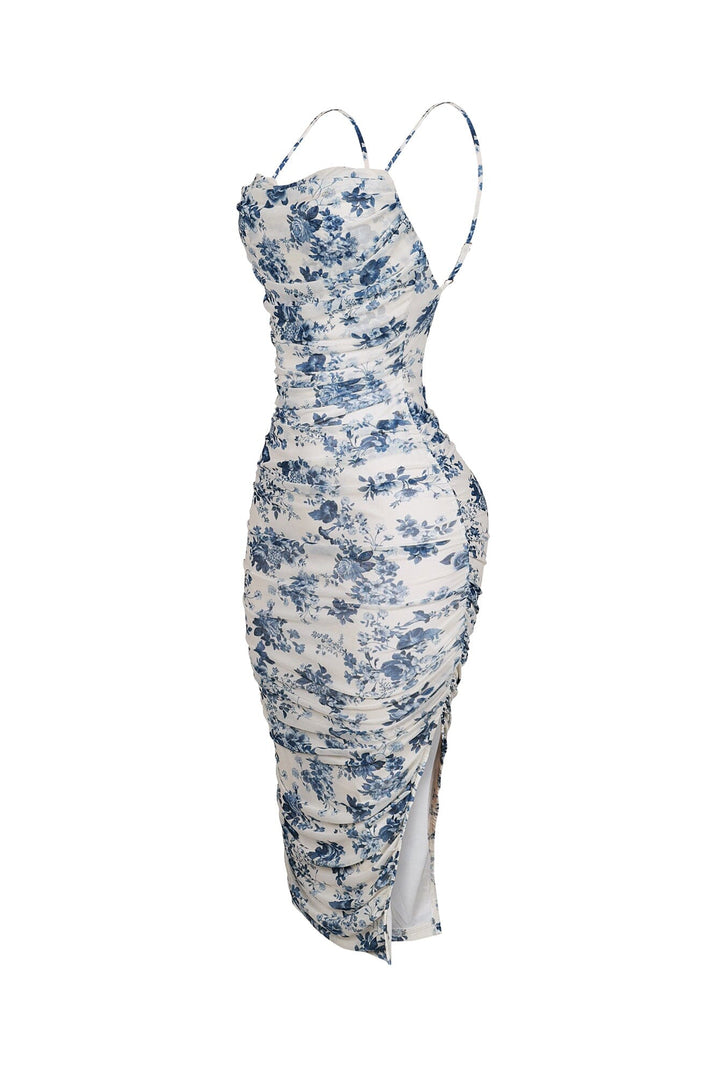 EDGE — ivory and blue floral mesh ruched tank dress with side slit, side view flat lay