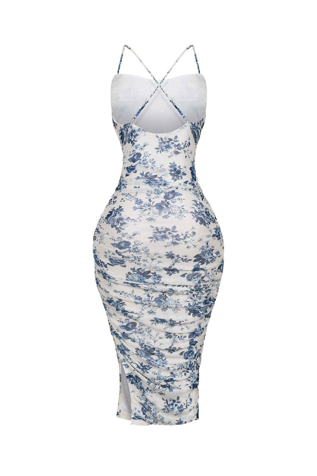 EDGE — ivory and blue floral mesh ruched tank dress with crisscross back straps, back view flat lay