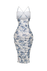 EDGE — ivory and blue floral mesh ruched tank dress with crisscross back straps, back view flat lay