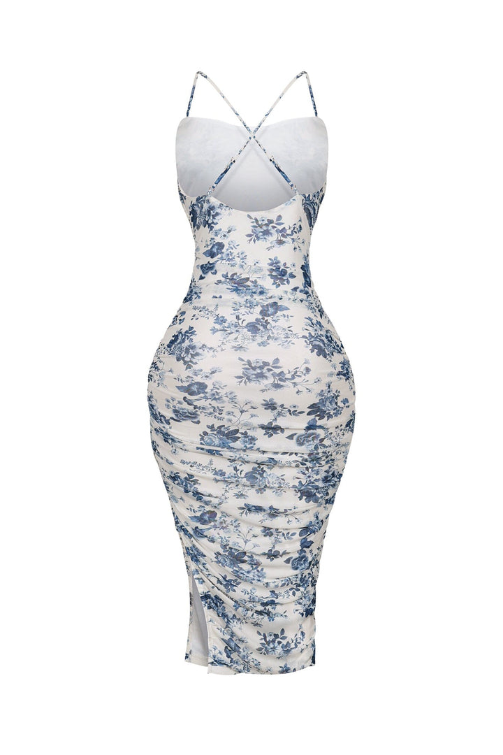 EDGE — ivory and blue floral mesh ruched tank dress with crisscross back straps, back view flat lay